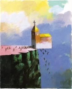A painted church standing near the edge of a cliff beneath a bright sky.